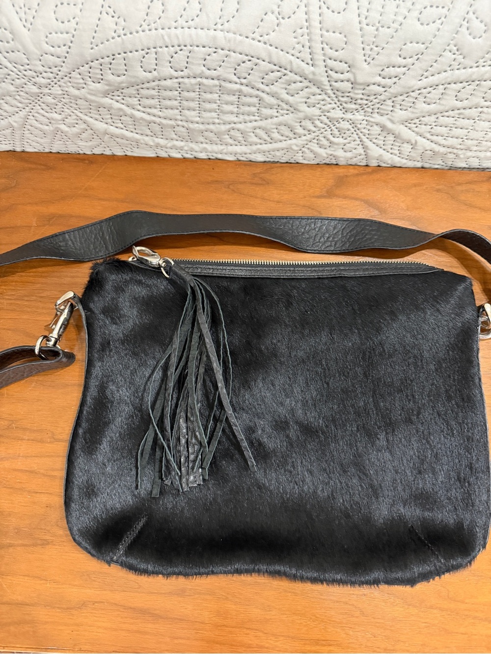 Black Haircalf Tassel Crossbody Bag - Sleek Everyday Carry